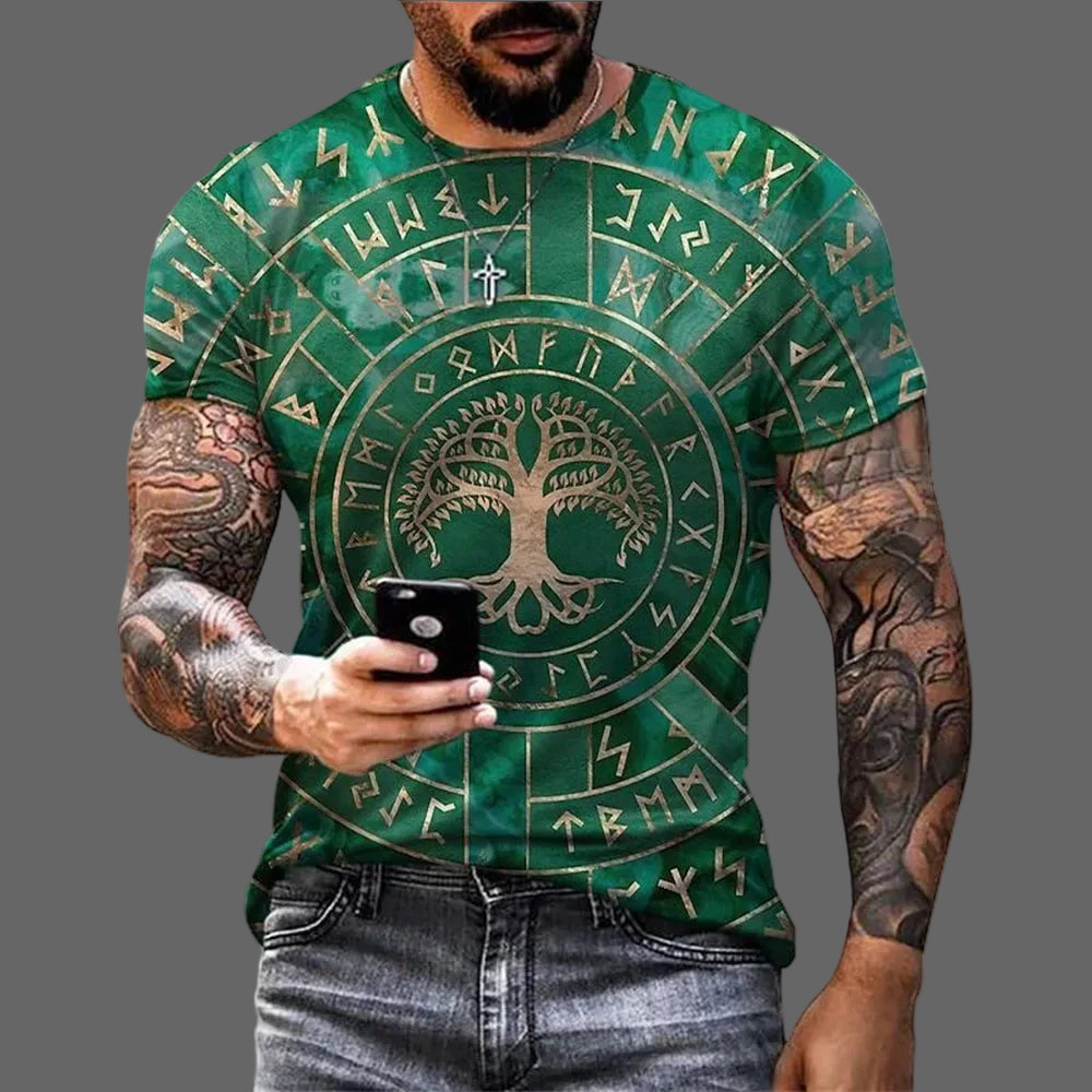 green t-shirt with Runes design