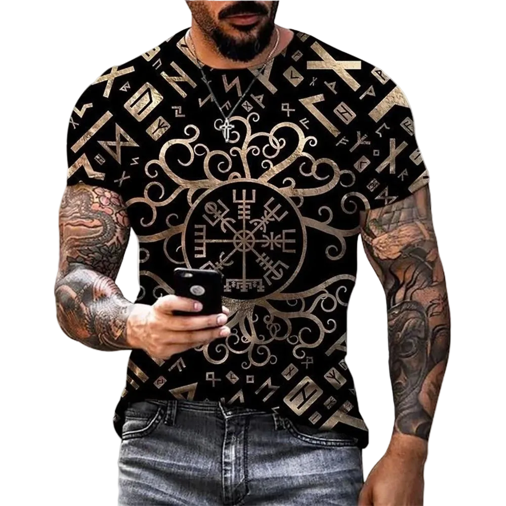 black t-shirt with gold symbols